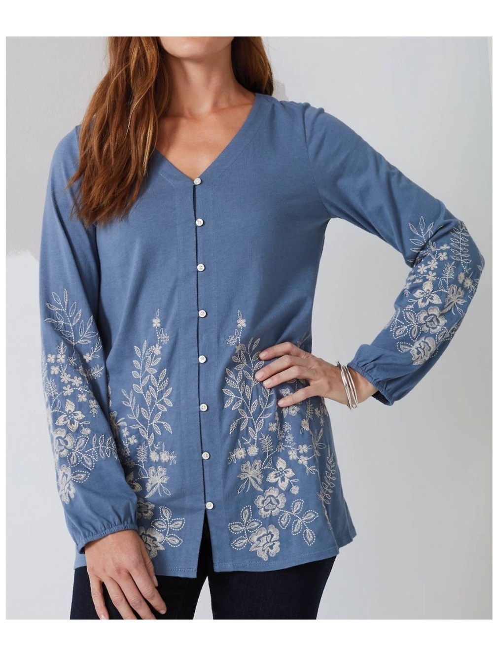 J. Jill Blue Button-Front Floral  Embroidered V-Neck Top